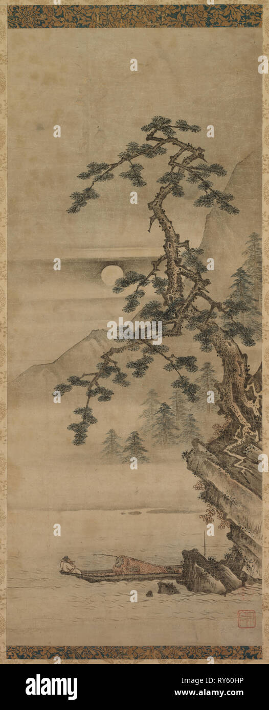Moonlit Landscape of Pine Tree with Old Man in Boat, Muromachi period, 1392-1573. Oguri Sotan (Japanese, 1413-1481). Hanging scroll; ink on paper; image: 118.8 x 50.2 cm (46 3/4 x 19 3/4 in Stock Photo