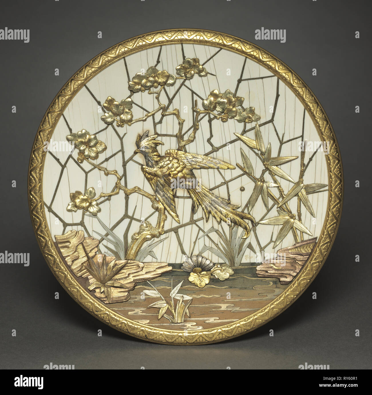 Plaque, c. 1880. Veuve Ferdinand Duvinage (French), Alphonse Giroux (French). Metal gilded in several colors of gold, silver-colored metal, ivory, wood; diameter: 26.9 cm (10 9/16 in Stock Photo