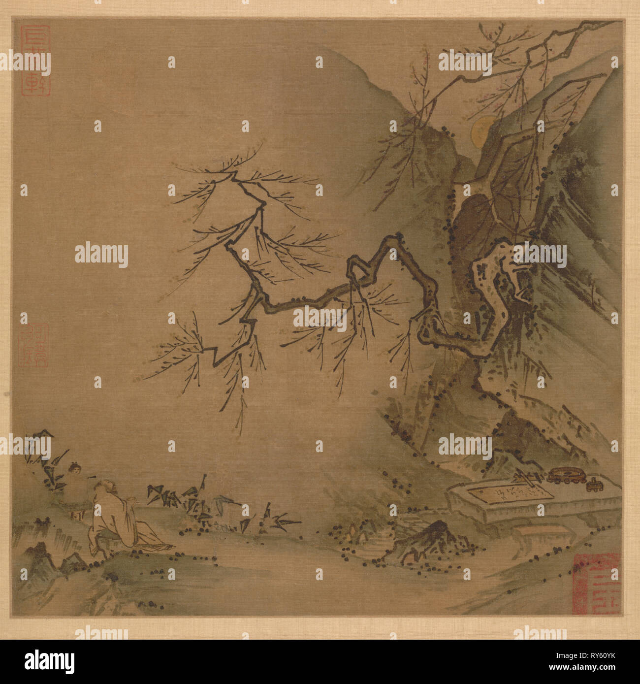 Drinking in the Moonlight, late 1100s-early 1200s. Ma Yuan (Chinese, c. 1150-after 1255). Album leaf, ink on silk; painting: 24.5 x 25 cm (9 5/8 x 9 13/16 in.); overall: 67.6 x 39.2 cm (26 5/8 x 15 7/16 in Stock Photo