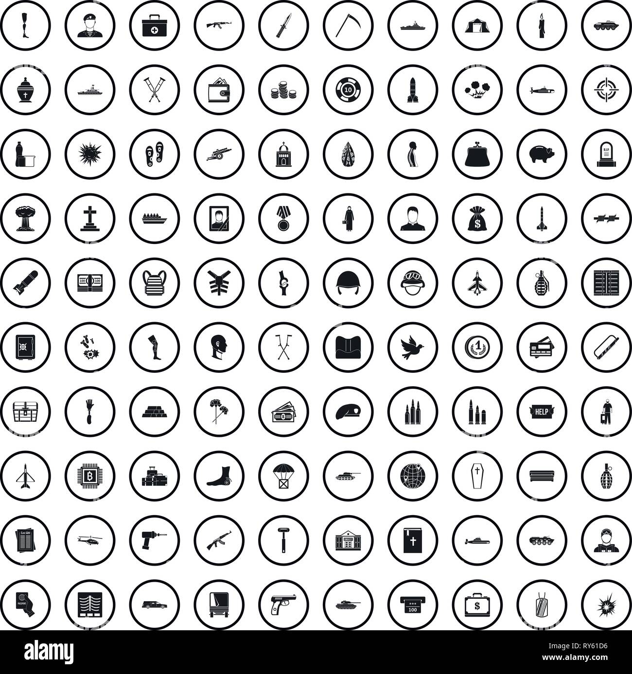 100 war crimes icons set, simple style  Stock Vector