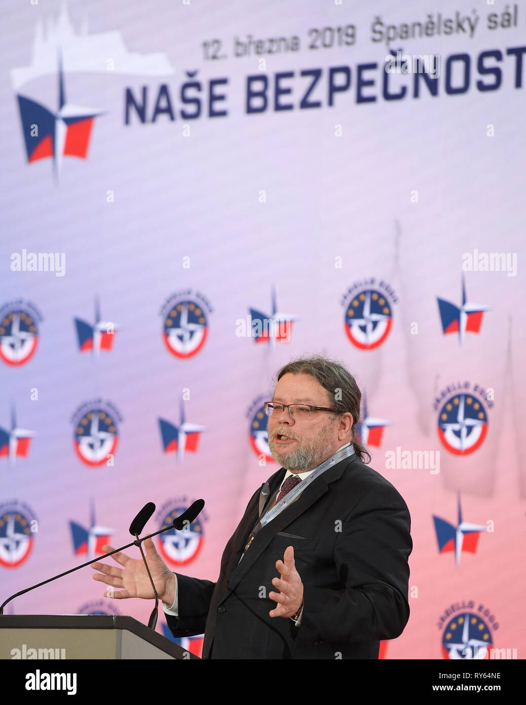 Director of Prague Centre of Transatlantic Relations (PCTR) Alexandr Vondra holds a speech at the conference Our Security Is Not Taken For Granted, held at Prague Castle, Prague, Czech Republic, on Tuesday, March 12, 2019, on the occasion of 20th anniversary of the Czech Republic's joining NATO, to be attended by presidents of Hungary, Poland and Slovakia, Janos Ader, Andrzej Duda and Andrej Kiska, defence and foreign ministers of Visegrad Four, current and former senior officials of NATO and USA, diplomatic corps. (CTK Photo/Ondrej Deml) Stock Photo