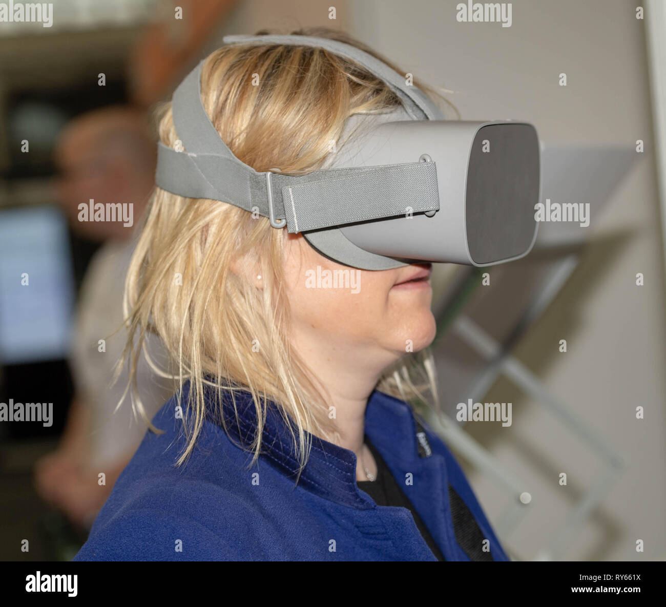 London, UK. 12th March 2019. VR headset from Mbryanic at The Wearable Technology Show at the Business Design Centre, The largest dedicated event for connected technology, the show features innovative products from start-ups as well as products from major technology companies and includes the latest in virtual reality and augmented reality devices and software Credit: Ian Davidson/Alamy Live News Stock Photo