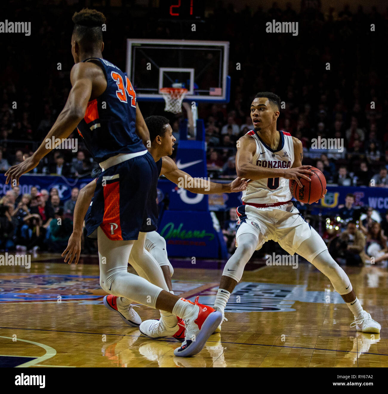 Mar 11 2019 Las Vegas, NV, U.S.A. Gonzaga guard Geno Crandall (0) looks to pass the ball during the NCAA West Coast Conference Men's Basketball Tournament semi -final between the Pepperdine Wave and the Gonzaga Bulldogs 100-74 win at Orleans Arena Las Vegas, NV. Thurman James/CSM Stock Photo