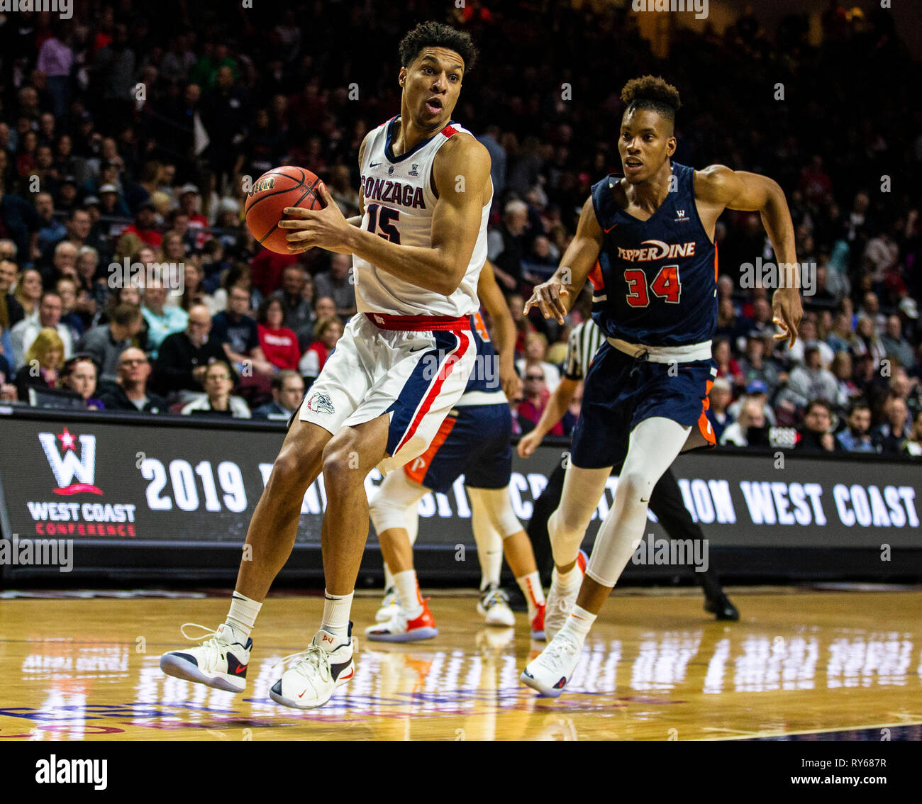 Mar 11 2019 Las Vegas, NV, U.S.A. Gonzaga forward Brandon Clarke (15) drives to the basket during the NCAA West Coast Conference Men's Basketball Tournament semi -final between the Pepperdine Wave and the Gonzaga Bulldogs 100-74 win at Orleans Arena Las Vegas, NV. Thurman James/CSM Stock Photo