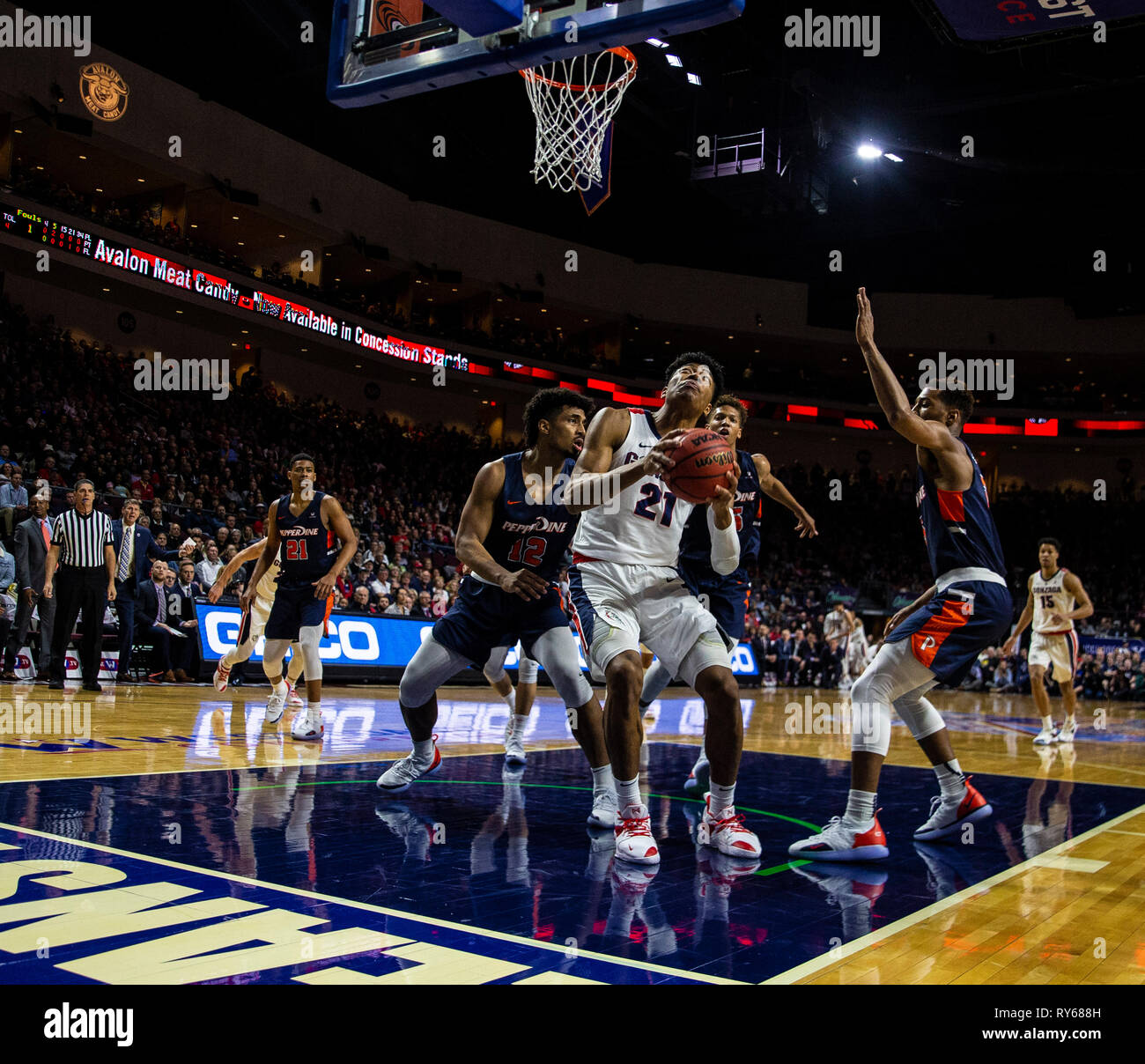 Mar 11 2019 Las Vegas, NV, U.S.A. Gonzaga forward Rui Hachimura (21) drives to the basket during the NCAA West Coast Conference Men's Basketball Tournament semi -final between the Pepperdine Wave and the Gonzaga Bulldogs at Orleans Arena Las Vegas, NV. Thurman James/CSM Stock Photo