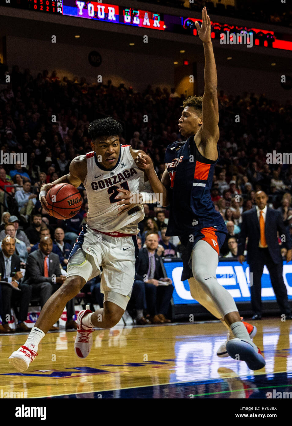 Mar 11 2019 Las Vegas, NV, U.S.A. Gonzaga forward Rui Hachimura (21) drives to the basket during the NCAA West Coast Conference Men's Basketball Tournament semi -final between the Pepperdine Wave and the Gonzaga Bulldogs 100-74 win at Orleans Arena Las Vegas, NV. Thurman James/CSM Stock Photo