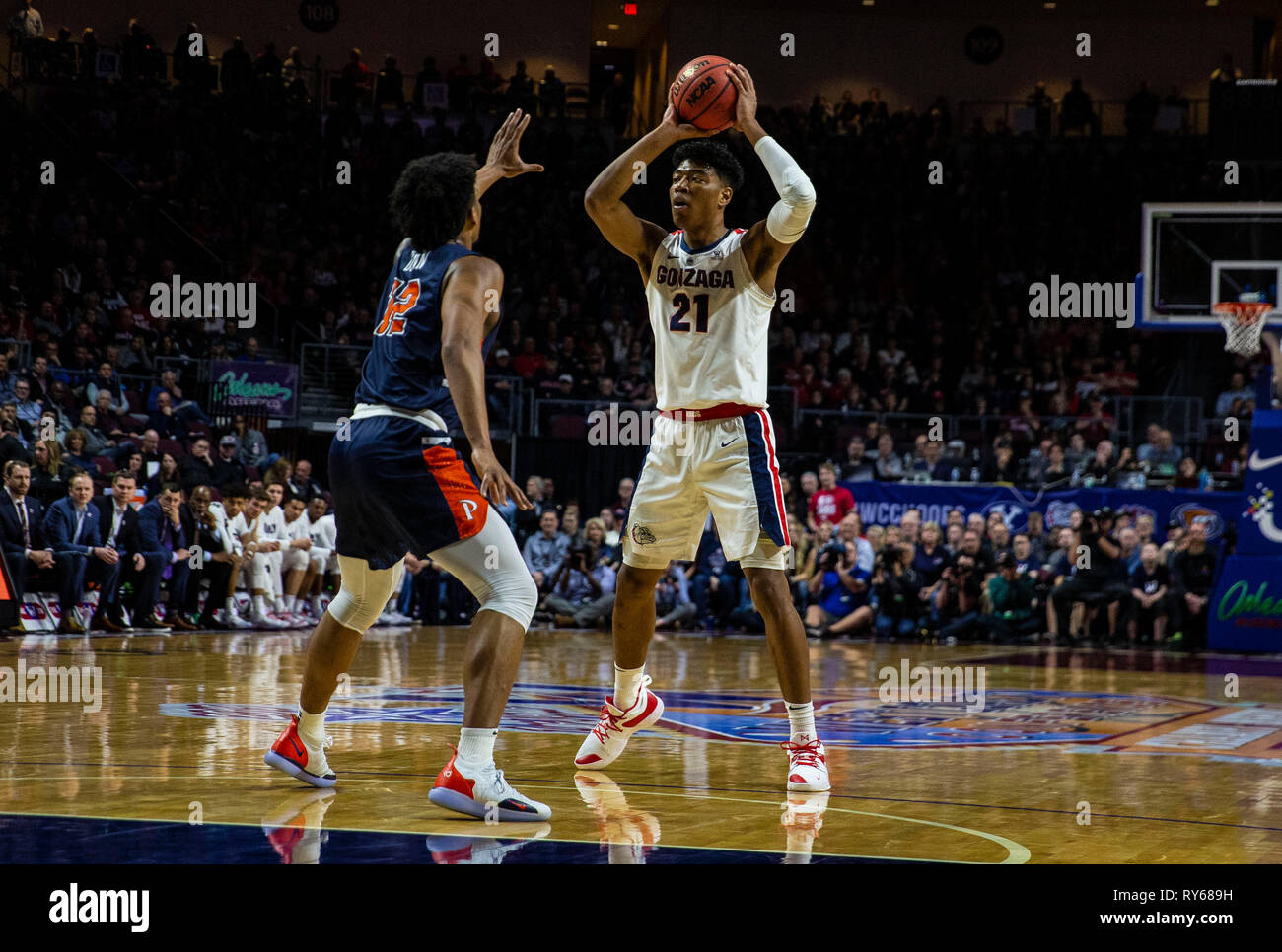 Mar 11 2019 Las Vegas, NV, U.S.A. Gonzaga forward Rui Hachimura (21) looks to pass the ball during the NCAA West Coast Conference Men's Basketball Tournament semi -final between the Pepperdine Wave and the Gonzaga Bulldogs 100-74 win at Orleans Arena Las Vegas, NV. Thurman James/CSM Stock Photo