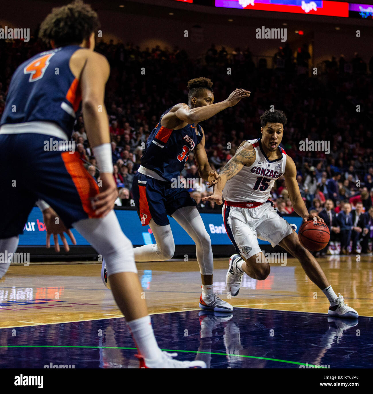 Mar 11 2019 Las Vegas, NV, U.S.A. Gonzaga forward Brandon Clarke (15) drives to the basket during the NCAA West Coast Conference Men's Basketball Tournament semi -final between the Pepperdine Wave and the Gonzaga Bulldogs 100-74 win at Orleans Arena Las Vegas, NV. Thurman James/CSM Stock Photo
