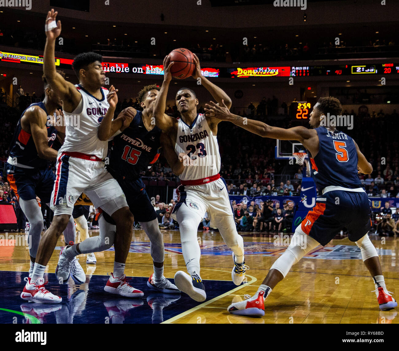 Mar 11 2019 Las Vegas, NV, U.S.A. Gonzaga guard Zach Norvell Jr. (23) drives to the basket during the NCAA West Coast Conference Men's Basketball Tournament semi -final between the Pepperdine Wave and the Gonzaga Bulldogs 100-74 win at Orleans Arena Las Vegas, NV. Thurman James/CSM Stock Photo