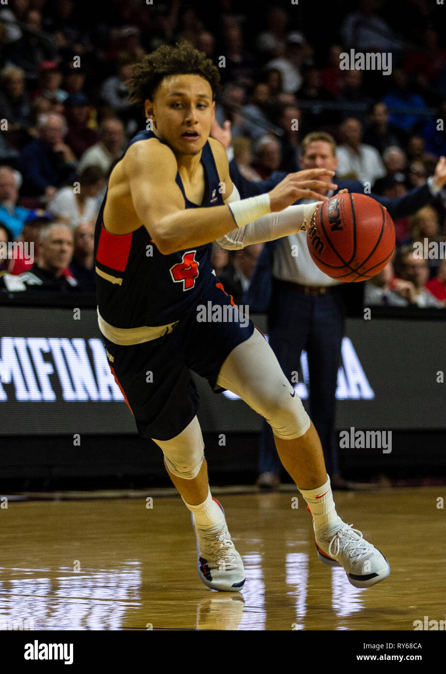 Mar 11 2019 Las Vegas, NV, U.S.A. Pepperdine guard Colbey Ross (4) drives to the basket during the NCAA West Coast Conference Men's Basketball Tournament semi -final between the Pepperdine Wave and the Gonzaga Bulldogs 74-100 lost at Orleans Arena Las Vegas, NV. Thurman James/CSM Stock Photo