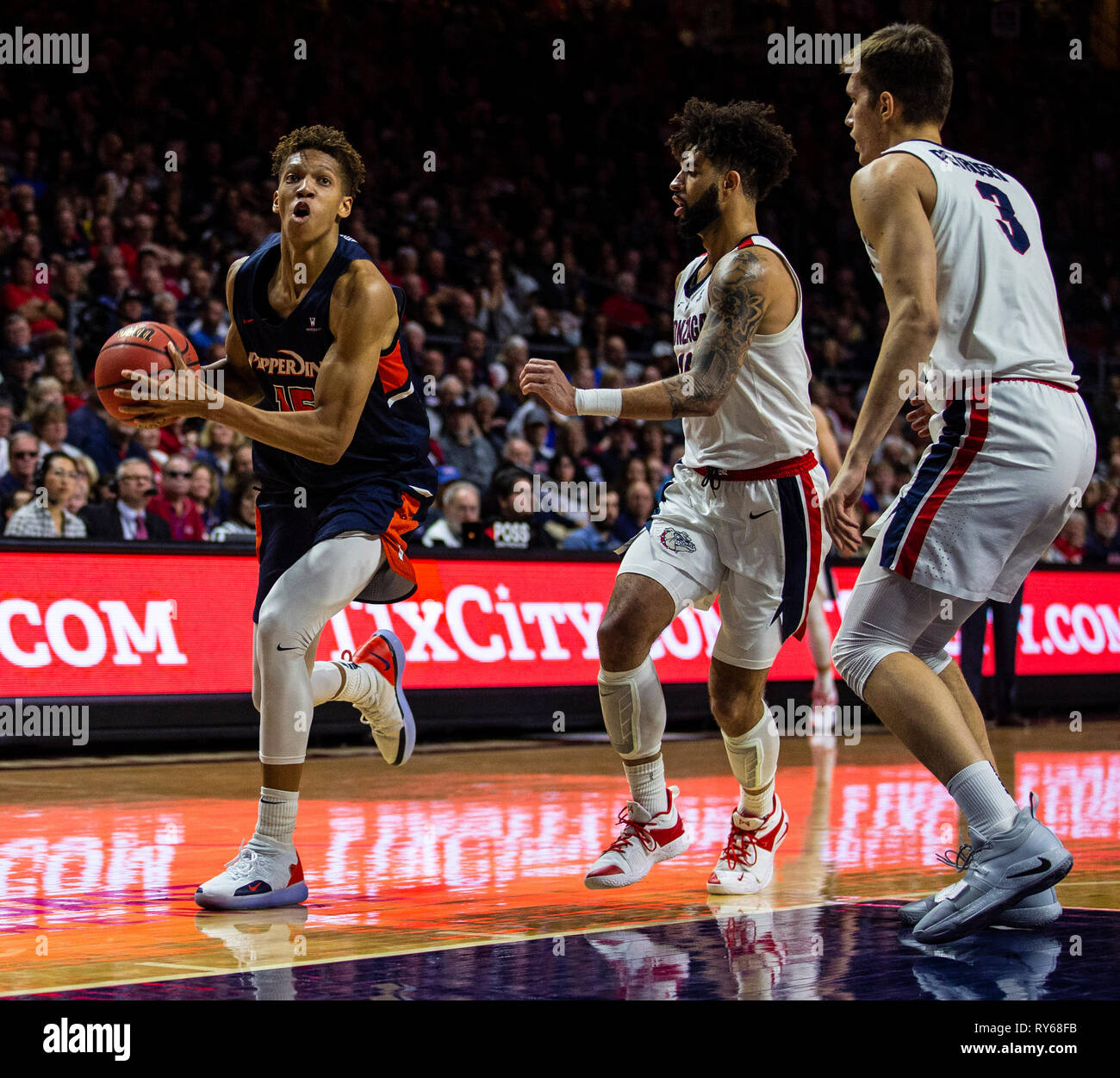 Mar 11 2019 Las Vegas, NV, U.S.A. Pepperdine forward Kessler Edwards (15) drives to the basket during the NCAA West Coast Conference Men's Basketball Tournament semi -final between the Pepperdine Wave and the Gonzaga Bulldogs 74-100 lost at Orleans Arena Las Vegas, NV. Thurman James/CSM Stock Photo
