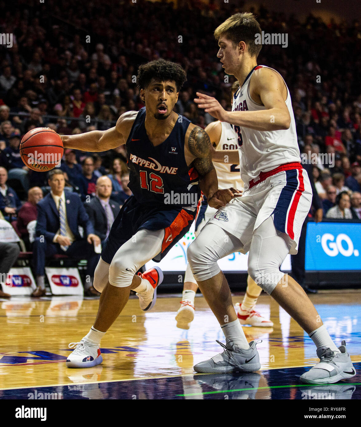 Mar 11 2019 Las Vegas, NV, U.S.A. Pepperdine forward Darnell Dunn (12) drives to the basket during the NCAA West Coast Conference Men's Basketball Tournament semi -final between the Pepperdine Wave and the Gonzaga Bulldogs 74-100 lost at Orleans Arena Las Vegas, NV. Thurman James/CSM Stock Photo