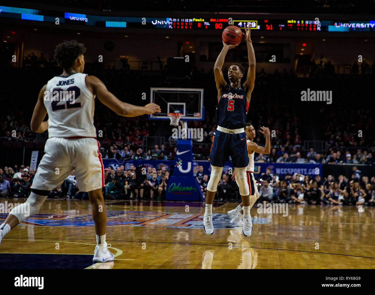 Mar 11 2019 Las Vegas, NV, U.S.A. Pepperdine guard Jade' Smith (5) takes a shot during the NCAA West Coast Conference Men's Basketball Tournament semi -final between the Pepperdine Wave and the Gonzaga Bulldogs 74-100 lost at Orleans Arena Las Vegas, NV. Thurman James/CSM Stock Photo