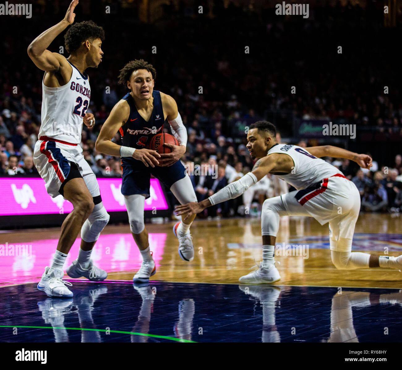 Mar 11 2019 Las Vegas, NV, U.S.A. Pepperdine guard Colbey Ross (4) drives to the basket during the NCAA West Coast Conference Men's Basketball Tournament semi -final between the Pepperdine Wave and the Gonzaga Bulldogs 74-100 lost at Orleans Arena Las Vegas, NV. Thurman James/CSM Stock Photo