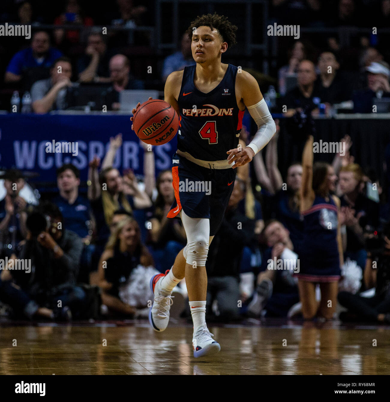 Mar 11 2019 Las Vegas, NV, U.S.A. Pepperdine guard Colbey Ross (4) set the play during the NCAA West Coast Conference Men's Basketball Tournament semi -final between the Pepperdine Wave and the Gonzaga Bulldogs 74-100 lost at Orleans Arena Las Vegas, NV. Thurman James/CSM Stock Photo