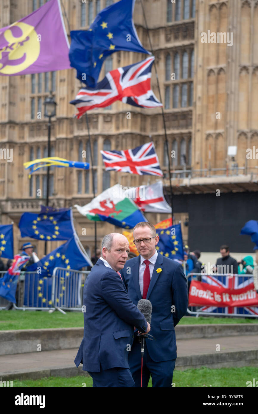 London, UK. 12th Mar, 2019. Protesters outside the UK Houses of Parliament in London ahead of the second so-called meaningful vote in House of Commons on Theresa May's revised EU Withdrawal (Brexit) Agreement. Photo date: Tuesday, March 12, 2019. Photo credit should read Credit: Roger Garfield/Alamy Live News Stock Photo