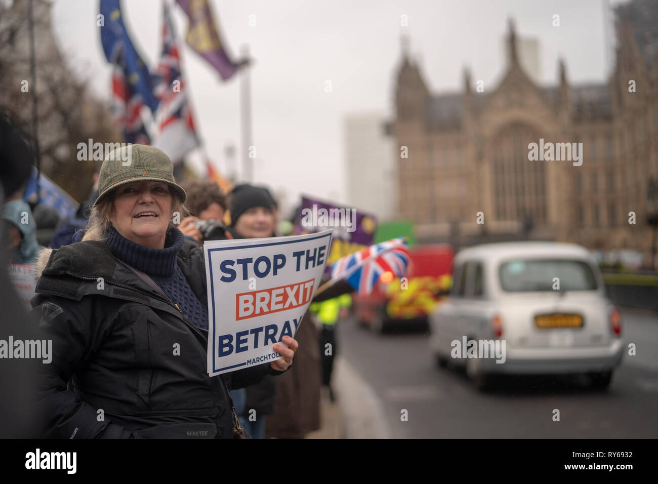 London, UK. 12th Mar, 2019. Protesters outside the UK Houses of Parliament in London ahead of the second so-called meaningful vote in House of Commons on Theresa May's revised EU Withdrawal (Brexit) Agreement. Photo date: Tuesday, March 12, 2019. Photo credit should read Credit: Roger Garfield/Alamy Live News Stock Photo
