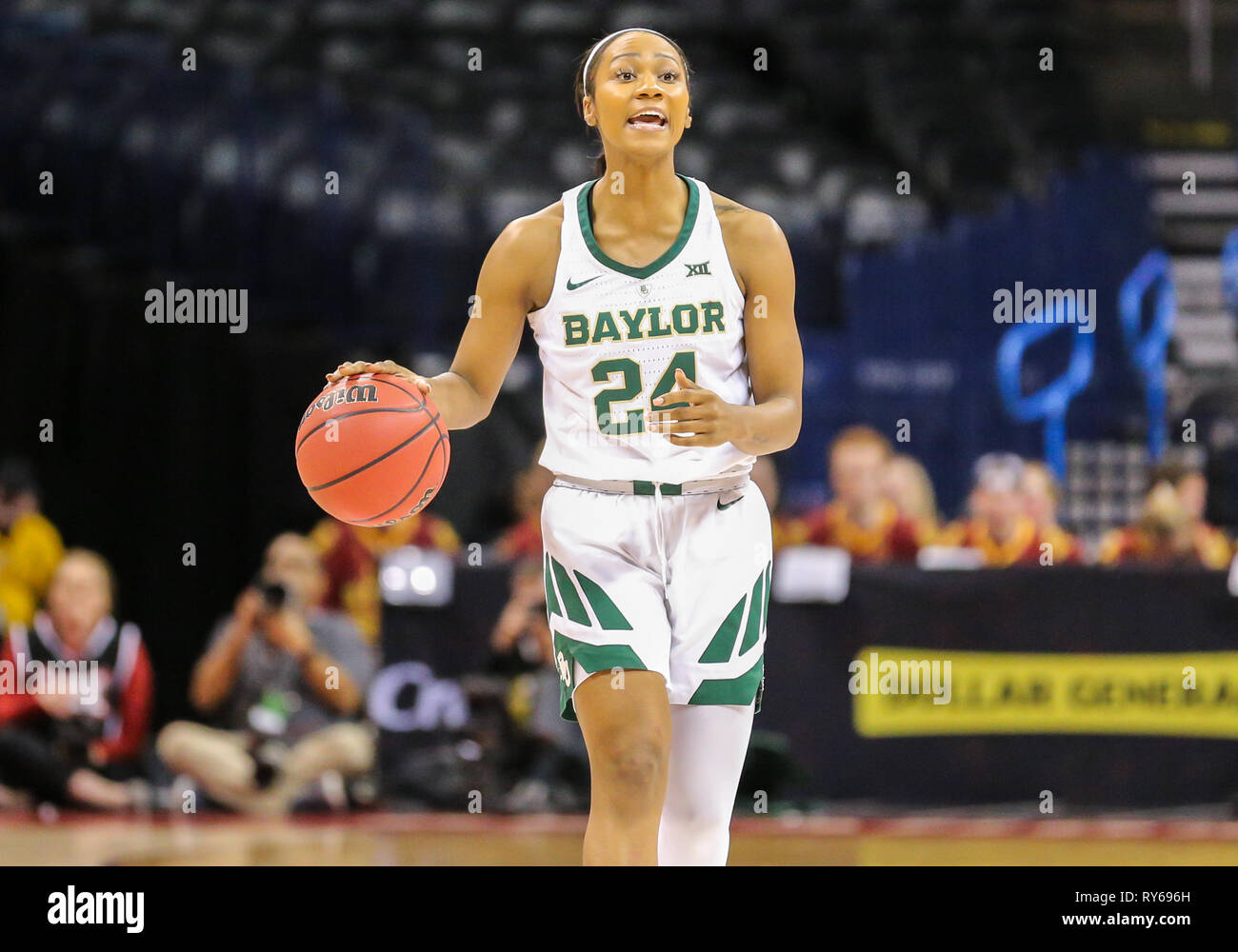 Oklahoma City, OK, USA. 11th Mar, 2019. Baylor Guard Chloe Jackson (24) dribbles the ball up the court during the Phillips 66 Big 12 Womens Basketball Championship Final game between the Baylor Lady Bears and the Iowa State Cyclones at Chesapeake Energy Arena in Oklahoma City, OK. Gray Siegel/CSM/Alamy Live News Stock Photo