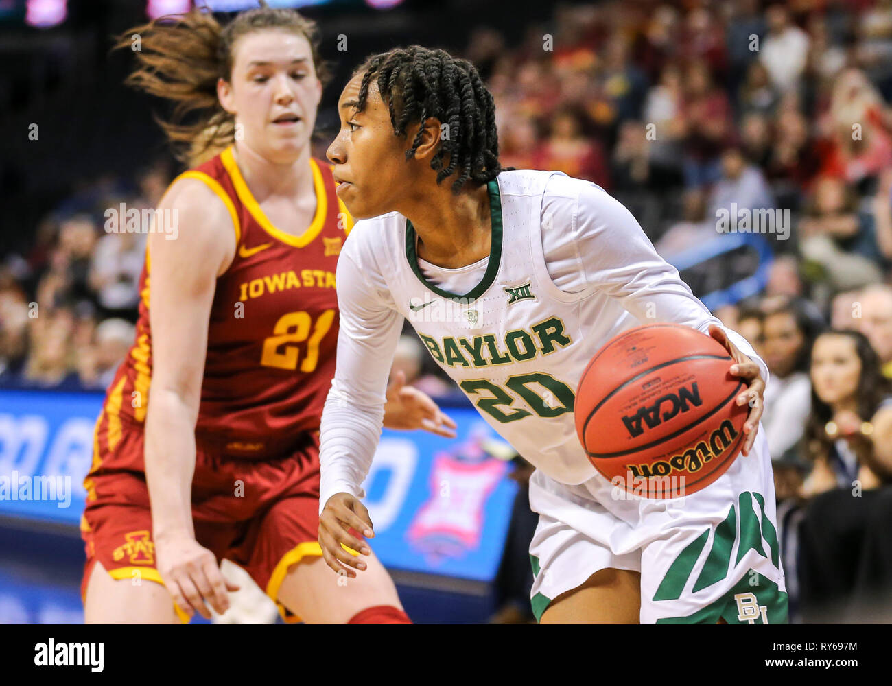 Oklahoma City, OK, USA. 11th Mar, 2019. Baylor Guard Juicy Landrum (20) drives with the ball during the Phillips 66 Big 12 Womens Basketball Championship Final game between the Baylor Lady Bears and the Iowa State Cyclones at Chesapeake Energy Arena in Oklahoma City, OK. Gray Siegel/CSM/Alamy Live News Stock Photo