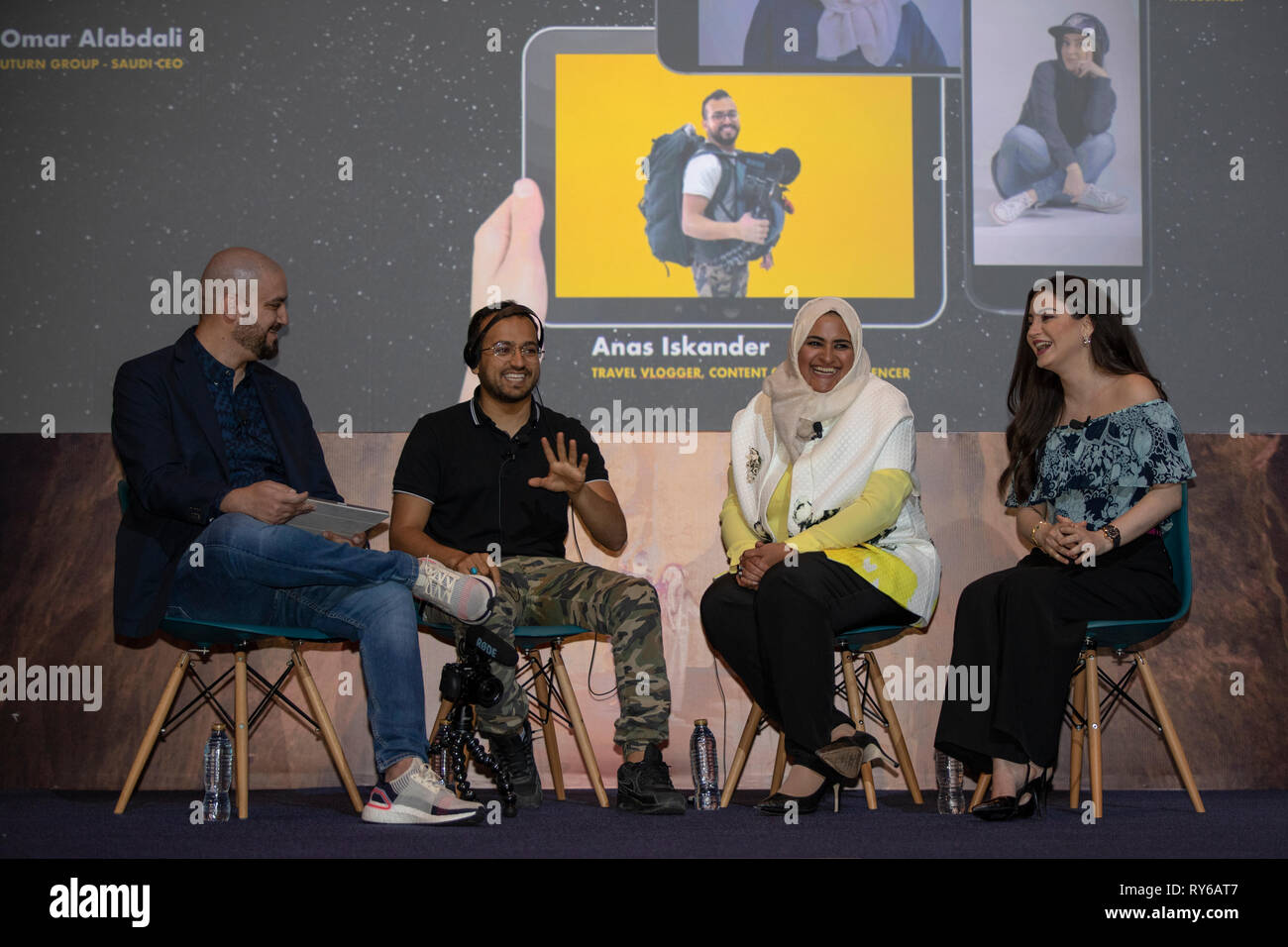 Dubai, United Arab Emirates, 12 March 2019, (from the right) Danyah Shafei, TV Anchor, Content Creator, Influencer, UTURN Entertainment, Hatoon Kadi, Content Creator, Influencer UTURN Entertainment, Anas Iskander, Travel Vlogger, Content Creator, Influencer, UTURN Entertainment  and Omar Al Abdali, Group CEO-Saudi, UTURN Entertainmen at Dubai Lynx - International Festival of Creativity, Â© ifnm / Alamy Live News Stock Photo