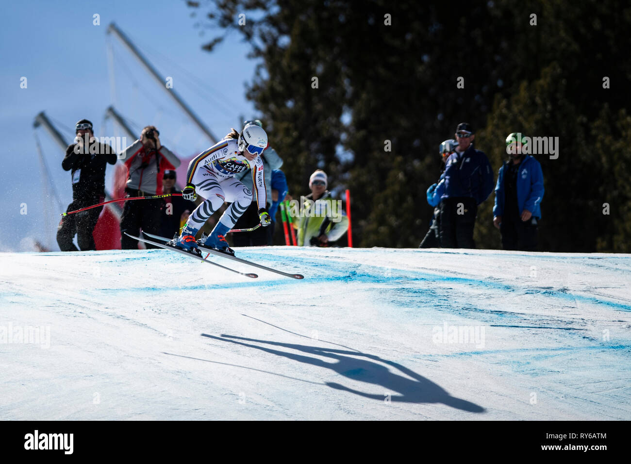 Soldeu, Andorra. 12th Mar, 2019. FIS Ski World Cup Finals, Michaela WENIG (GER) over the brow of a hill during the second training for the Ladies Downhill Credit: Action Plus Sports/Alamy Live News Stock Photo