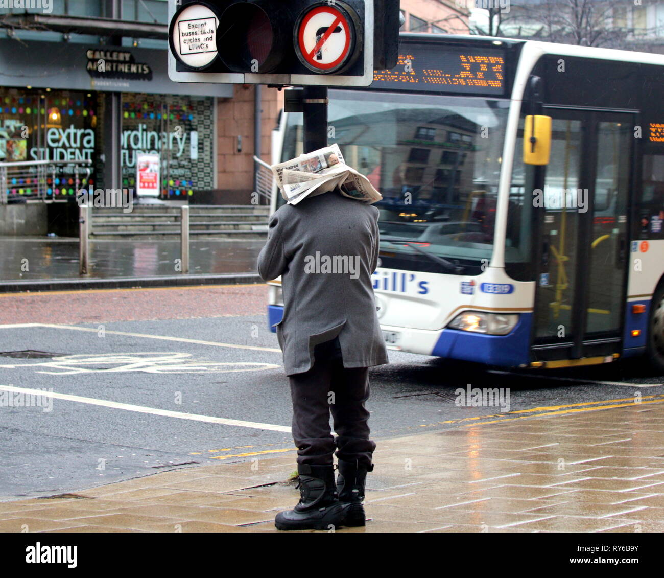 Glasgow, Scotland, UK, 12th March, 2019 UK Weather: Storm Gareth blowing a hooley  appeared as heavy  falls of rain and high winds as thunder rain hit the city centre and west end this afternoon. Credit Gerard Ferry/Alamy Live News Stock Photo