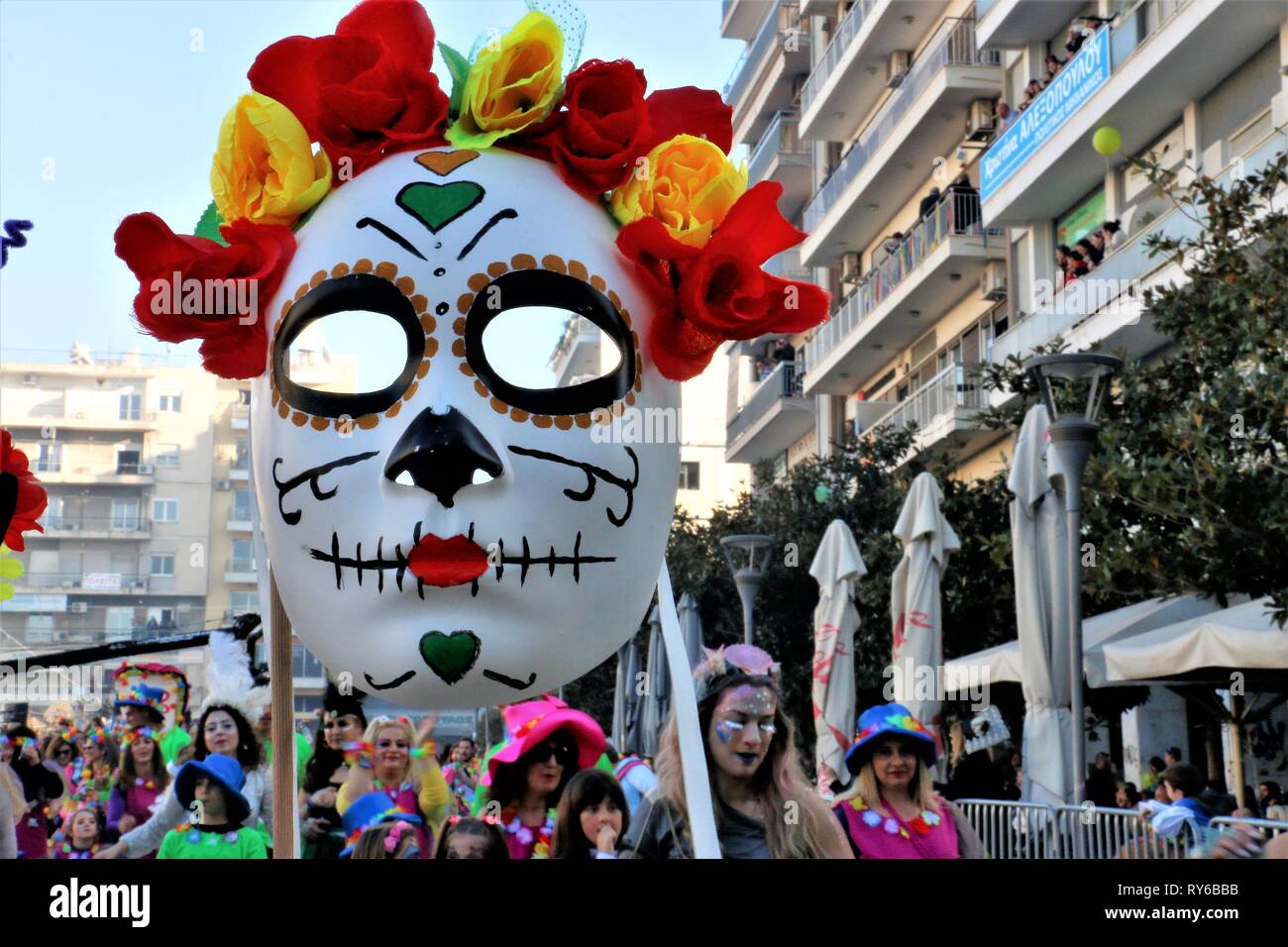 Athens, Greece. 10th Mar, 2019. A day of the dead mask are seen during the parade.Every year many people from around Greece gather at Patra to enjoy the great carnival parade. Credit: Helen Paroglou/SOPA Images/ZUMA Wire/Alamy Live News Stock Photo