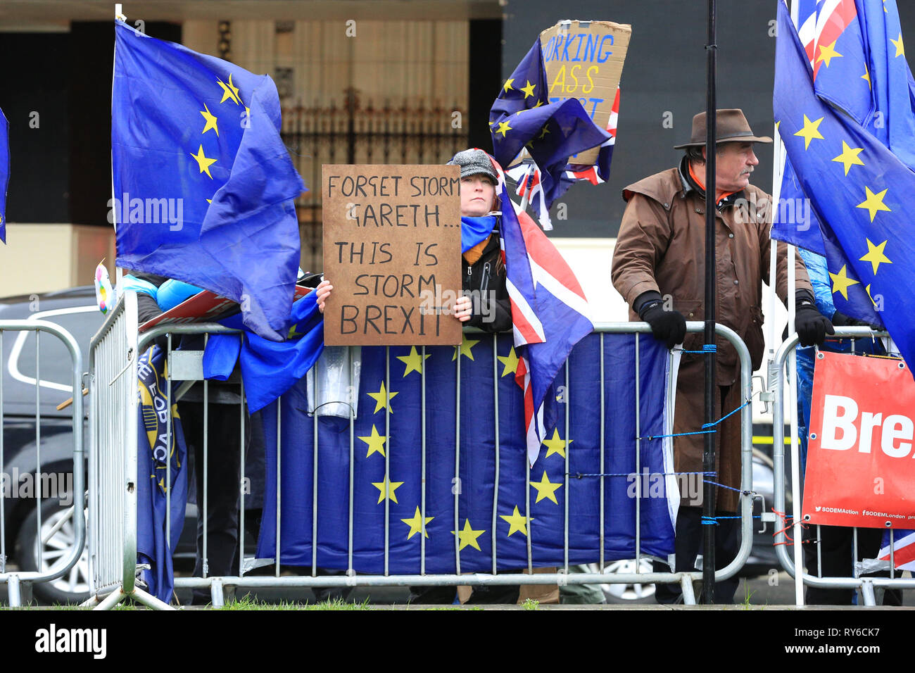 Westminster, London, UK. 12th Mar, 2019. Pro Brexit and Anti Brexit supporters protest outside the Houses of Parliament in Westminster today, on the day that has a 'meaningful vote' in Parliament on Theresa May's Brexit Deal scheduled for the evening. Credit: Imageplotter/Alamy Live News Stock Photo