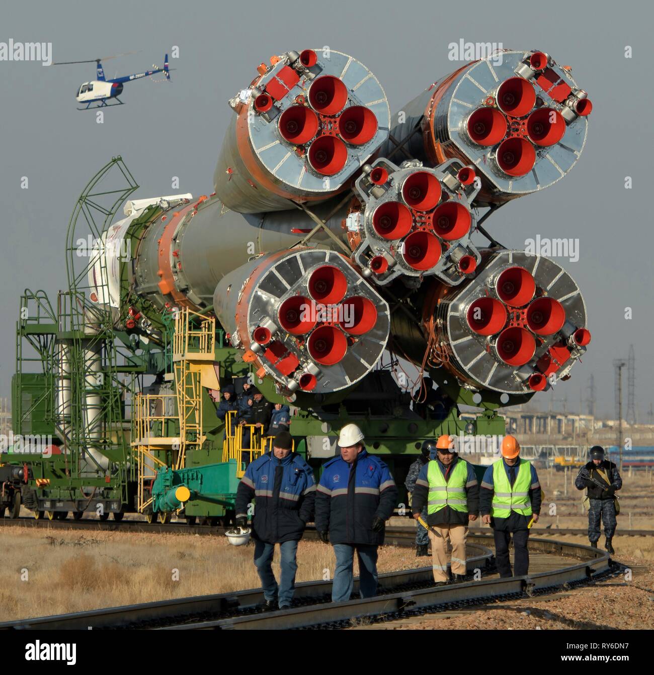 Baikonur, Kazakhstan. 12th Mar, 2019. The Russian Soyuz MS-12 rocket is transported by train to the launch pad at the Baikonur Cosmodrome March 12, 2019 in Baikonur, Kazakhstan. The Expedition 59 crew: Nick Hague and Christina Koch of NASA and Alexey Ovchinin of Roscosmos will launch March 14th for a six-and-a-half month mission on the International Space Station. Credit: Planetpix/Alamy Live News Stock Photo