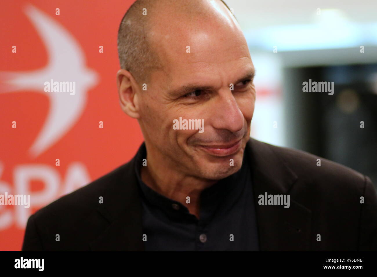 Thessaloniki, Greece. 12th Mar, 2019. Former Greek finance minister Yanis Varoufakis, co-funder of the Democracy in Europe Movement 2025 (DiEM25) and a candidate for the elections to the European Parliament, speaks at a rally in the northern Greek port city of Thessalioniki, ahead of the European elections in May 2019. Credit: Orhan Tsolak/Alamy Live News Stock Photo