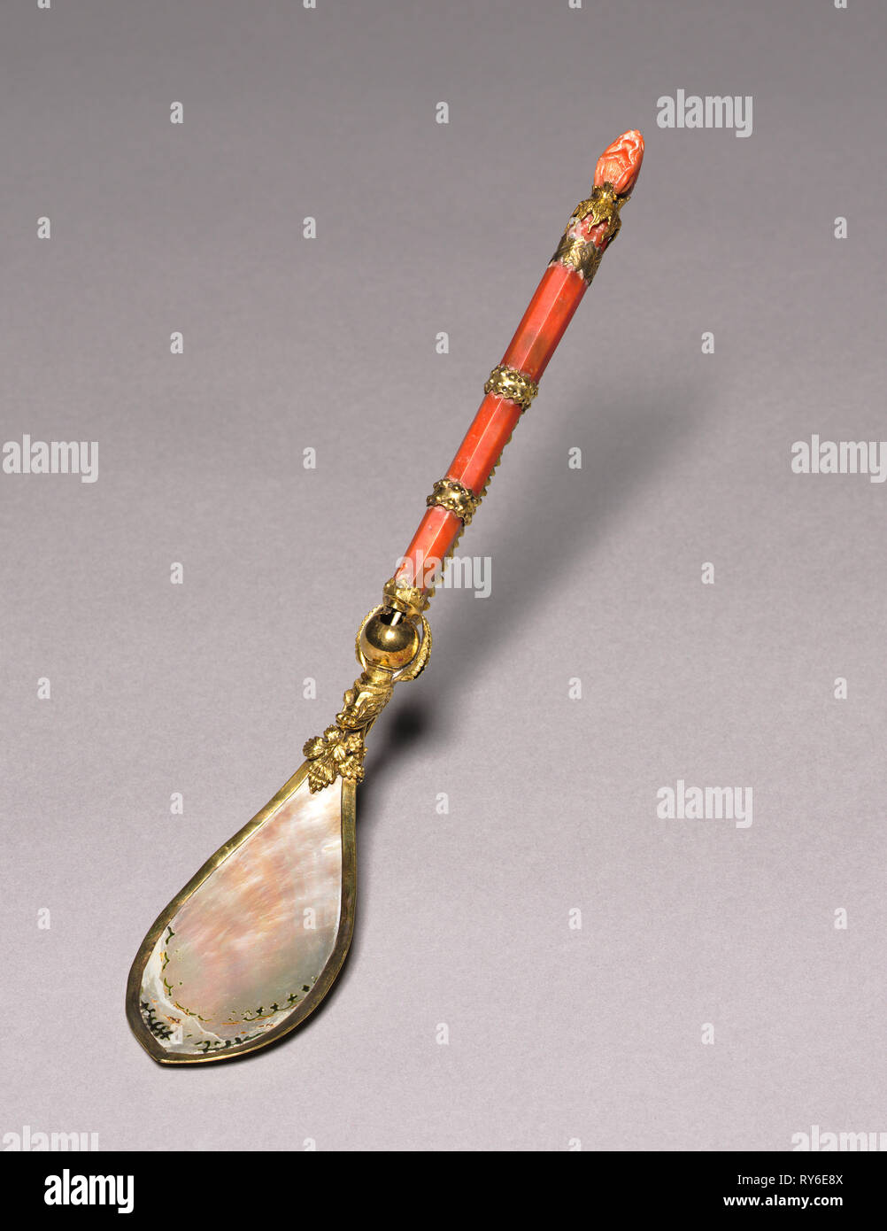 Spoon with Detachable Pick, c. 1500. Italy, Venice, 16th century. Enameled shell and coral, gilt-silver mounts; detachable pick with dragon's head finial; overall: 29.2 cm (11 1/2 in.); part 1: 26 cm (10 1/4 in Stock Photo