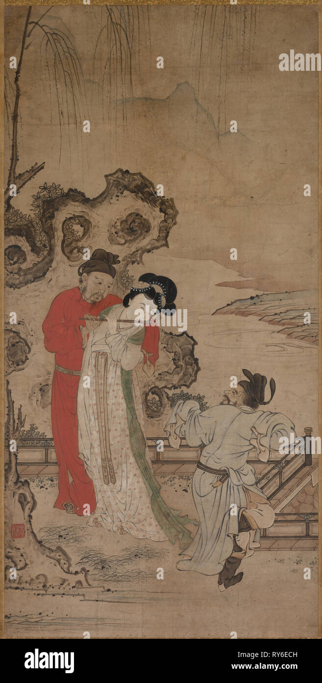 Emperor Minghuang Teaching Yang Gueifei to Play the Flute, late 1400s-early 1500s. Choryusai (Japanese). Hanging scroll; ink and color on paper; overall: 188 x 63.5 cm (74 x 25 in.); painting only: 91 x 45.2 cm (35 13/16 x 17 13/16 in Stock Photo