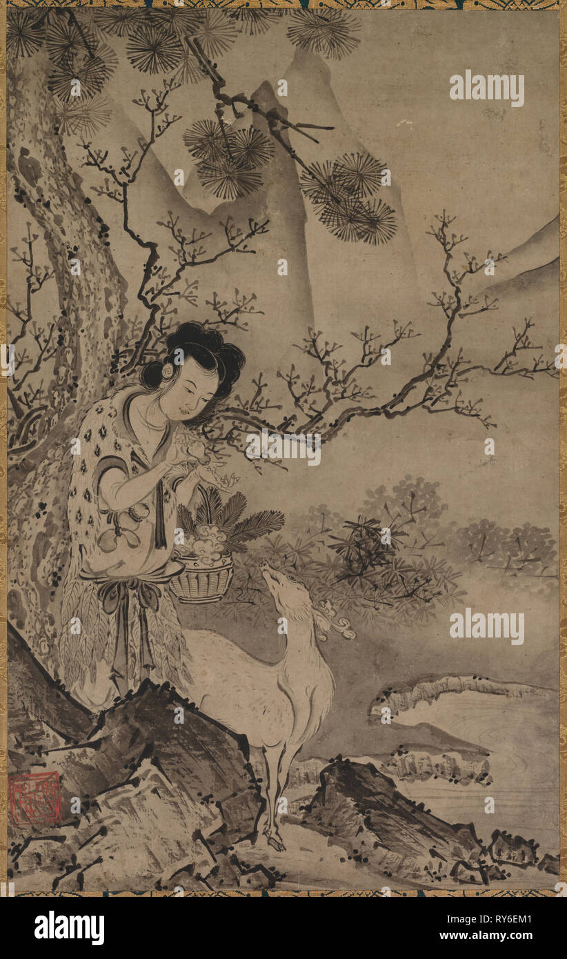 Female Daoist Figure in Landscape, early 1500s. Koboku (Japanese). Hanging scroll; ink on paper; painting only: 44.5 x 27.9 cm (17 1/2 x 11 in.); including mounting: 27 x 44.4 cm (10 5/8 x 17 1/2 in Stock Photo