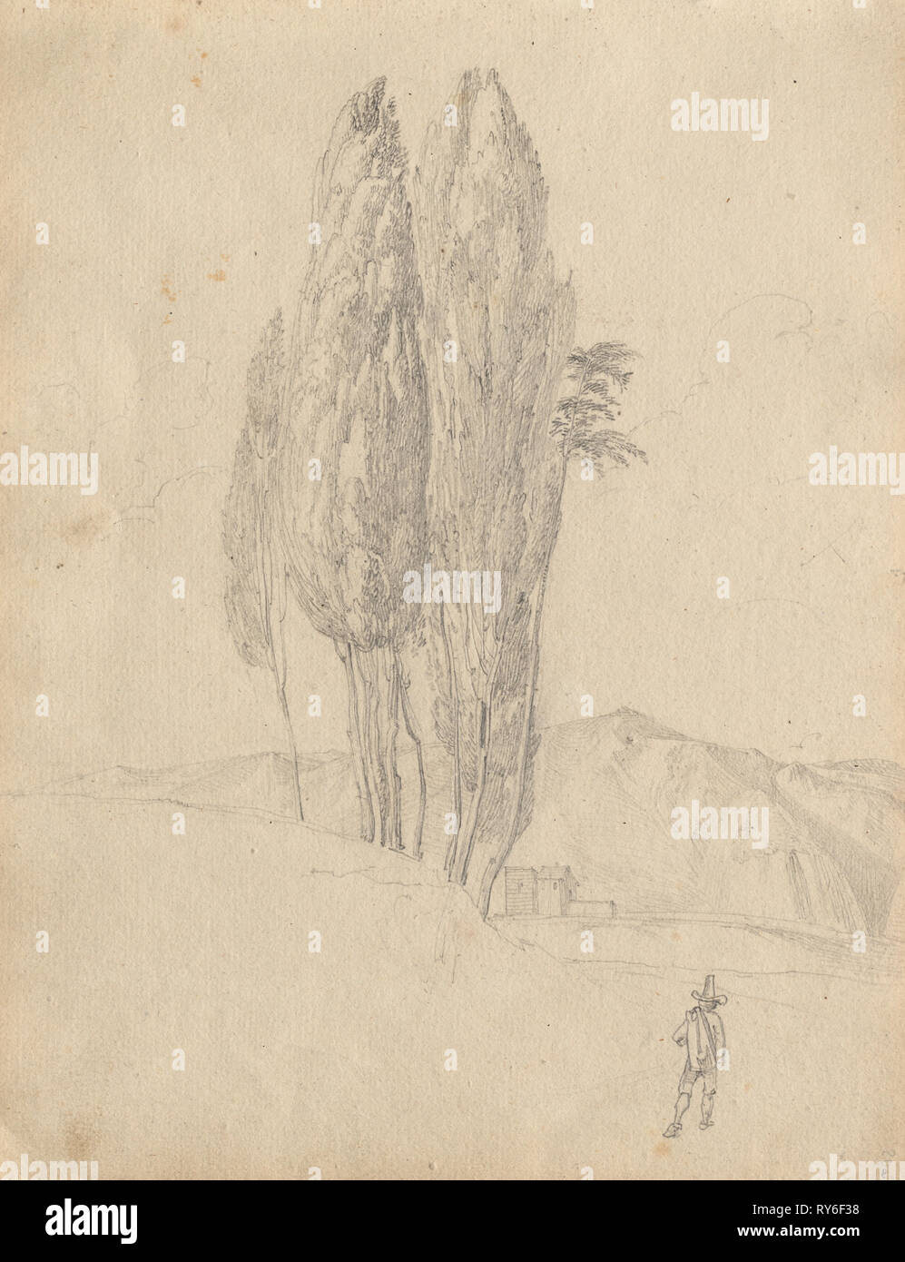 Album with Views of Rome and Surroundings, Landscape Studies, page 20a: Trees. Franz Johann Heinrich Nadorp (German, 1794-1876). Graphite Stock Photo