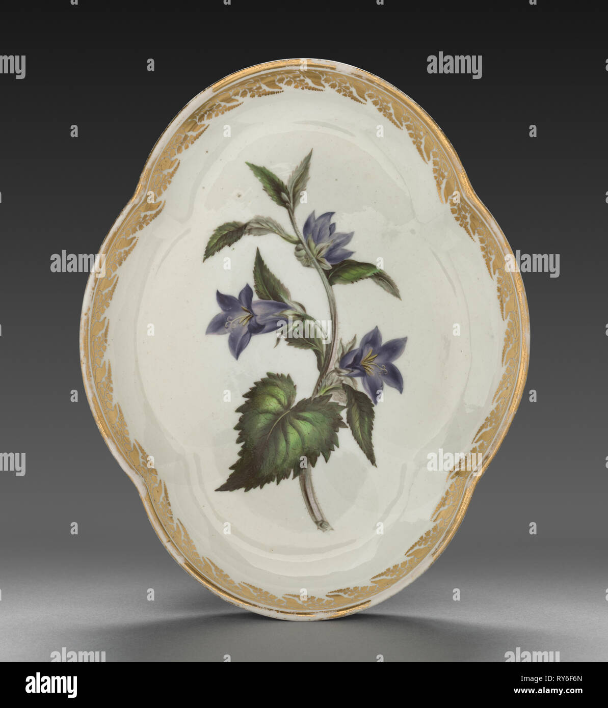 Quatrelobed Dish from Dessert Service: Nettle-leaved Bell Flower, c. 1800. Derby (Crown Derby Period) (British). Porcelain; overall: 3.9 x 25.6 x 20.4 cm (1 9/16 x 10 1/16 x 8 1/16 in Stock Photo