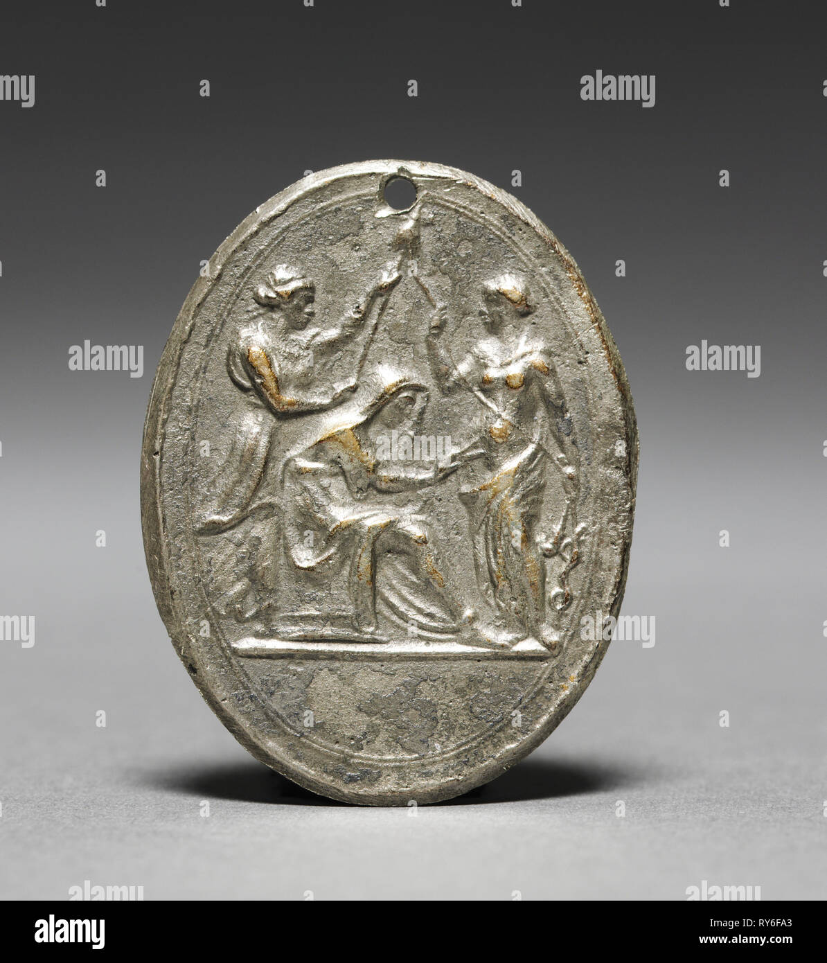 The Three Fates, early 1500s or later. Cast after a model by Valerio Belli (Italian, c. 1468-1546). Silver; overall: 4.5 x 3.5 cm (1 3/4 x 1 3/8 in Stock Photo