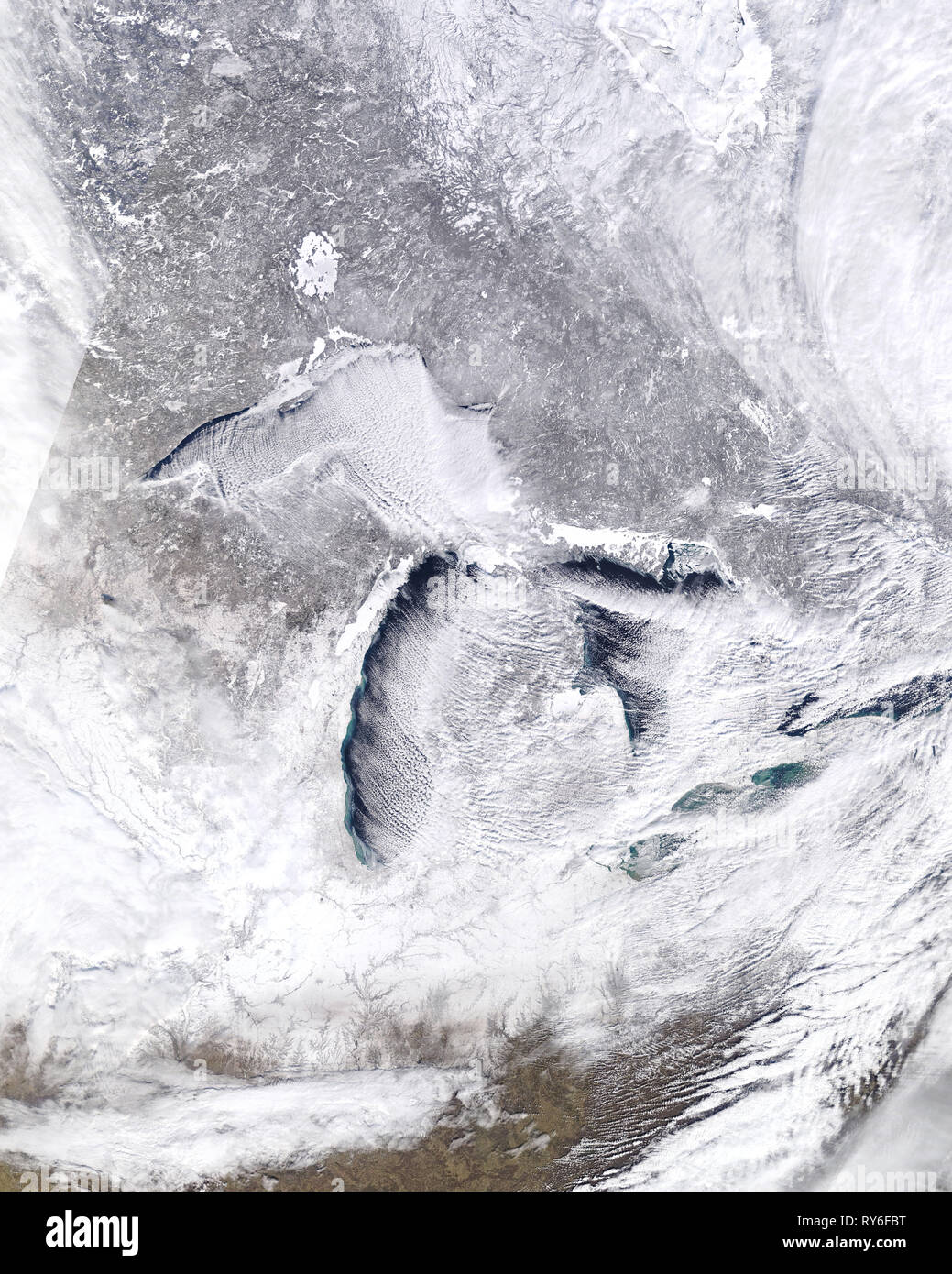 Satellite image of the arctic blast on January 27, 2019. Moderate Resolution Imaging Spectroradiometer (MODIS), Terra satellite, NASA Stock Photo