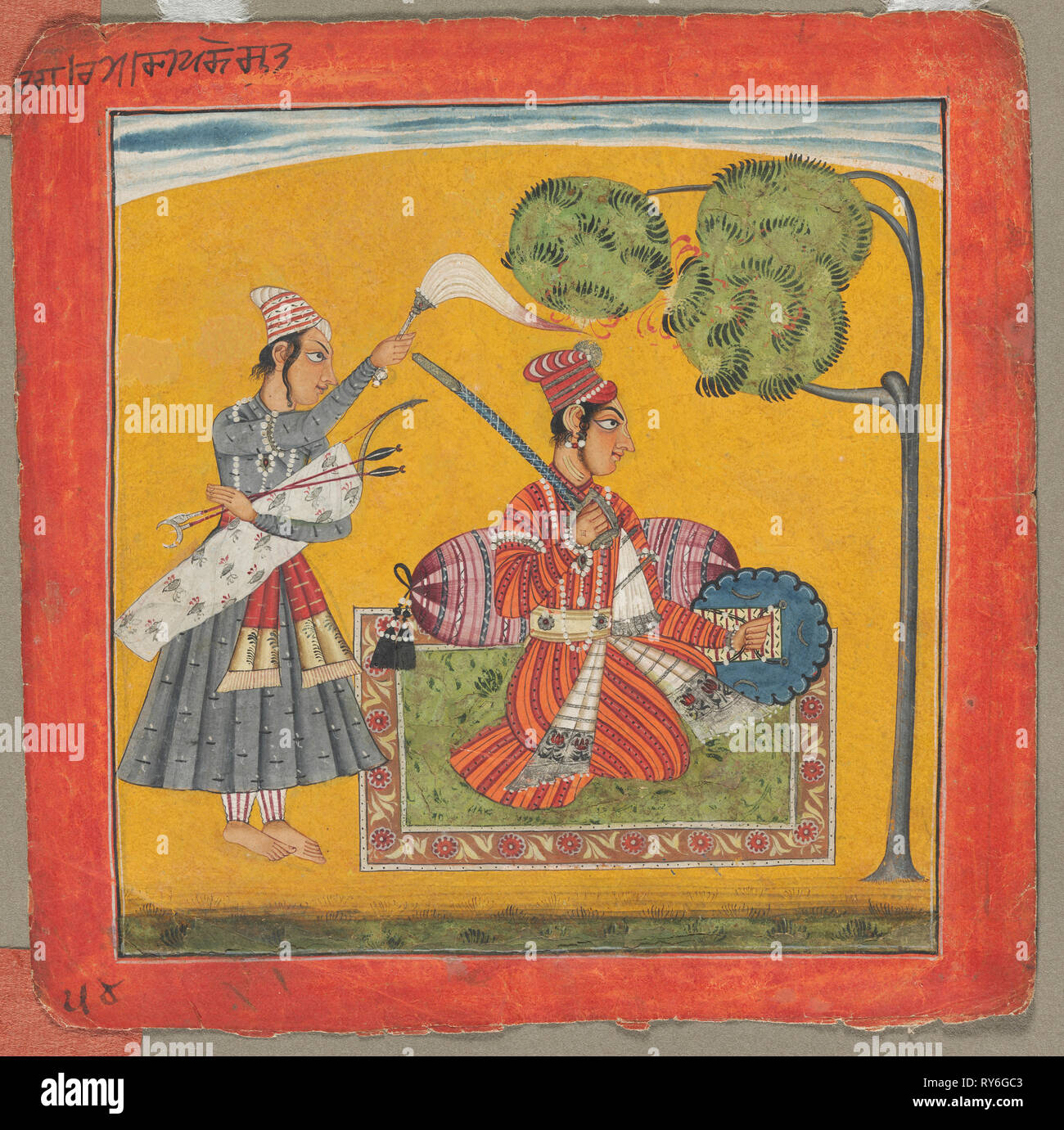 Dipak Raga, One of the Thirty-Six Melodies (Ragamala): Personifying Love, c. 1690. India, Pahari Hills, Basholi school, 17th century. Ink and color on paper; overall: 20.3 x 20.3 cm (8 x 8 in Stock Photo