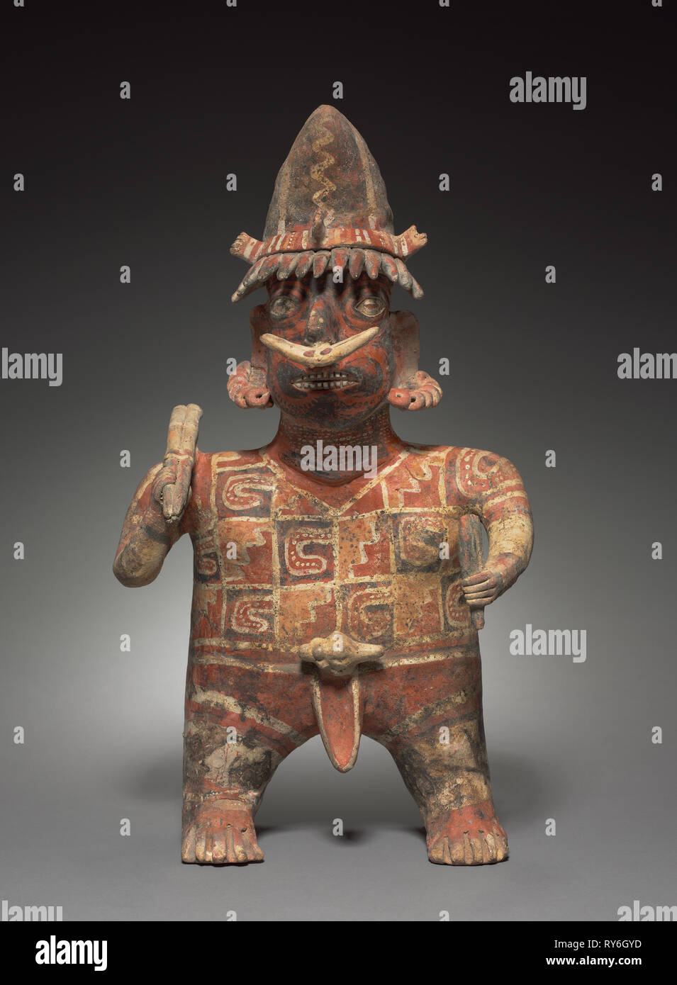 Standing Male Figure, c. 100 BC-AD 300. Mexico, Nayarit, Ixtlan del Rio Style. Earthenware with colored slips; overall: 52 x 32.5 x 19.5 cm (20 1/2 x 12 13/16 x 7 11/16 in Stock Photo