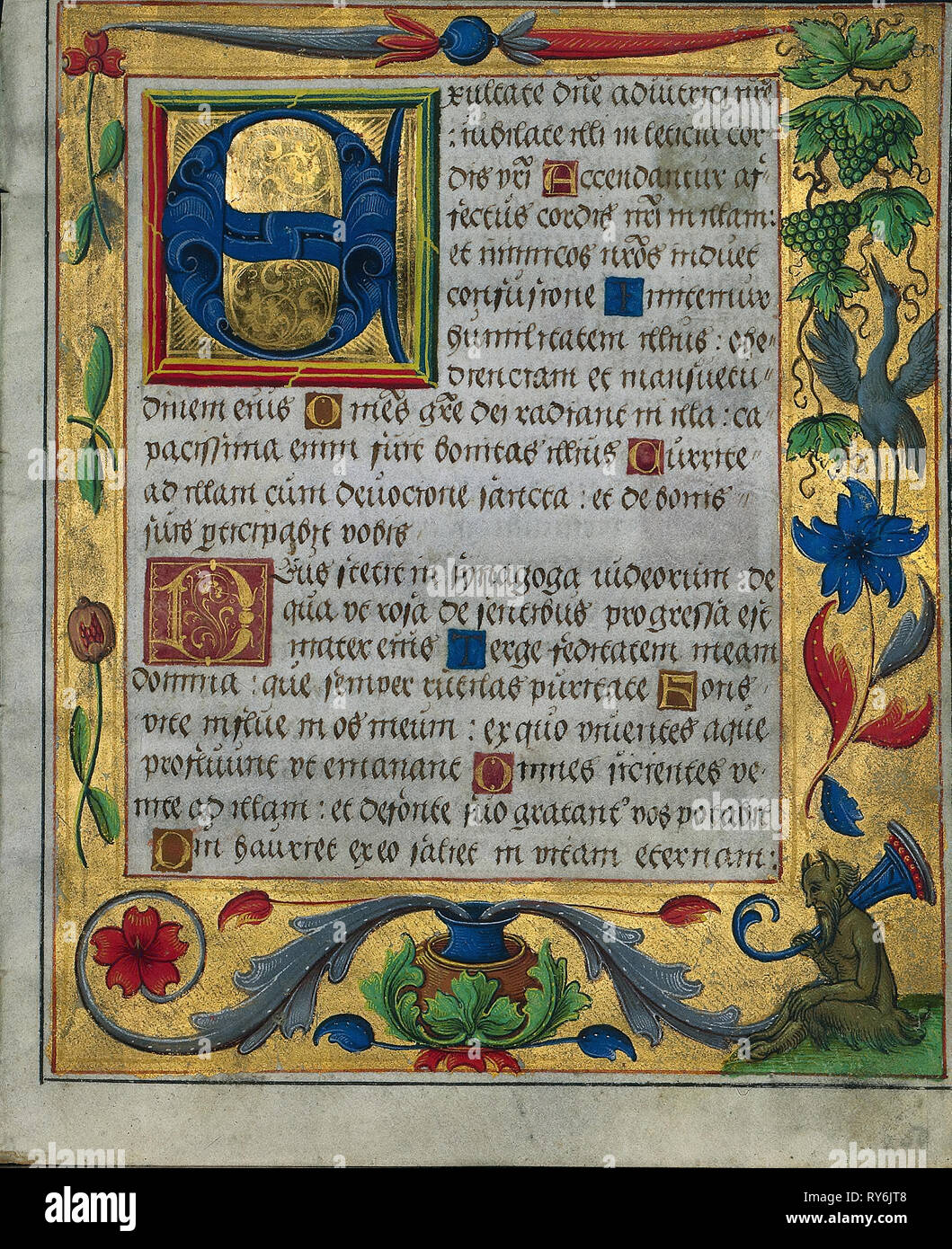 Leaf from a Psalter and Prayerbook: Ornamental Border with Pea Vines and a Girl Kneading Bread (recto) and Ornamental Boarder with Carnations, a Thistle, and a Cook Ladling Soup (verso) (1 of 3 Excised Leaves), c. 1524. Germany, Hildesheim(?), 16th century. Ink, tempera and liquid gold on vellum; each leaf: 16.6 x 13.5 cm (6 9/16 x 5 5/16 in Stock Photo