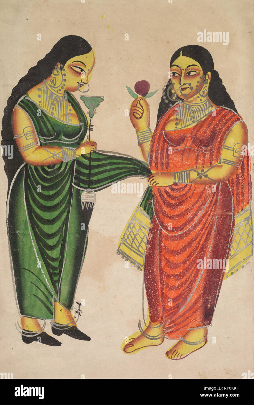 Maid Bringing a Hookah to a Lady (recto); Krishna Weighted against Precious Objects (?) (verso), 1800s. India, Calcutta, Kalighat painting, 19th century. Black ink, watercolor, and tin paint on paper; secondary support: 48.6 x 30.1 cm (19 1/8 x 11 7/8 in.); painting only: 45.8 x 27.9 cm (18 1/16 x 11 in Stock Photo