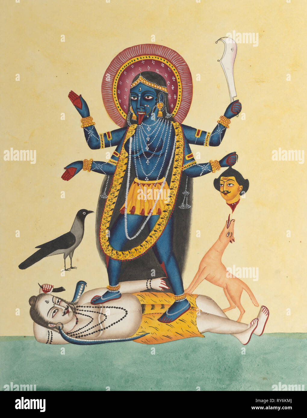 Kali, 1800s. India, Calcutta, Kalighat painting, 19th century. Black in and color paint on paper; painting only: 28 x 21.5 cm (11 x 8 7/16 in Stock Photo