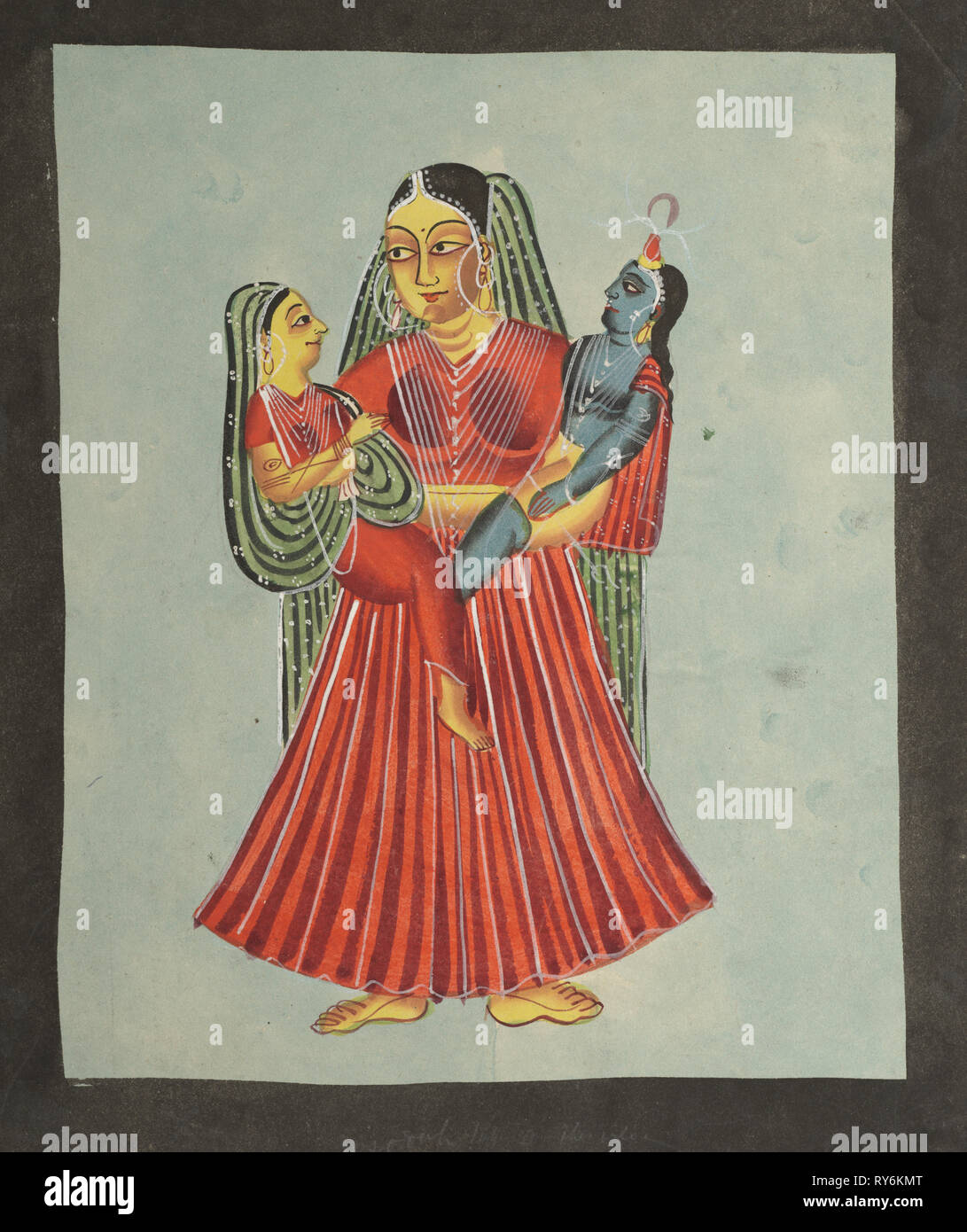 Yasoda Holding Krishna and Radha, 1800s. India, Calcutta, Kalighat painting, 19th century. Black ink, color and silver paint, and graphite underdrawing on paper; secondary support: 36 x 29.1 cm (14 3/16 x 11 7/16 in.); painting only: 30.1 x 25.2 cm (11 7/8 x 9 15/16 in Stock Photo