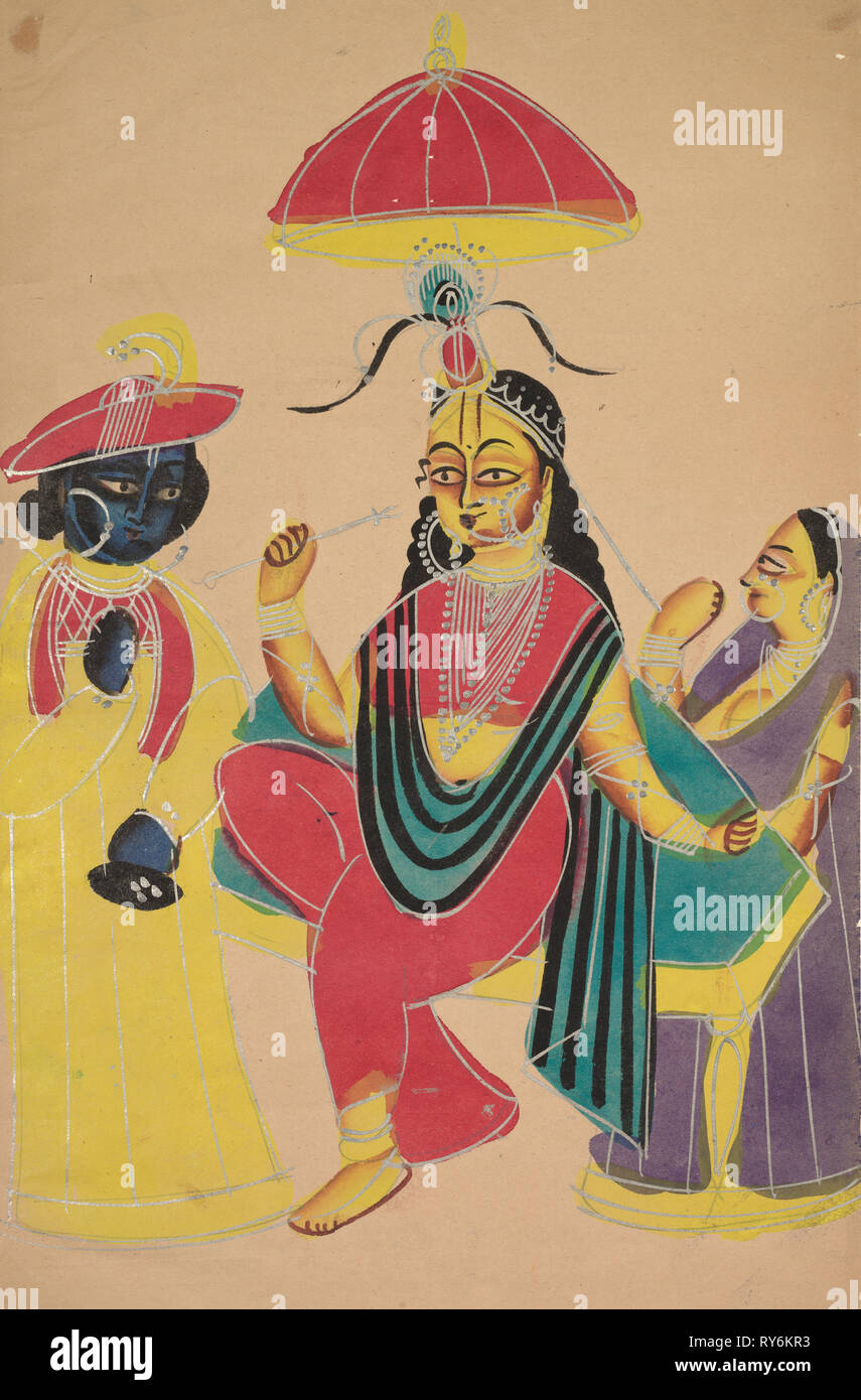 Krishna Standing by Radha who is Seated on a Chair, 1800s. India, Calcutta, Kalighat painting, 19th century. Black ink, color and silver paint, and graphite underdrawing on paper; secondary support: 51.7 x 27.8 cm (20 3/8 x 10 15/16 in.); painting only: 45.4 x 27.7 cm (17 7/8 x 10 7/8 in Stock Photo