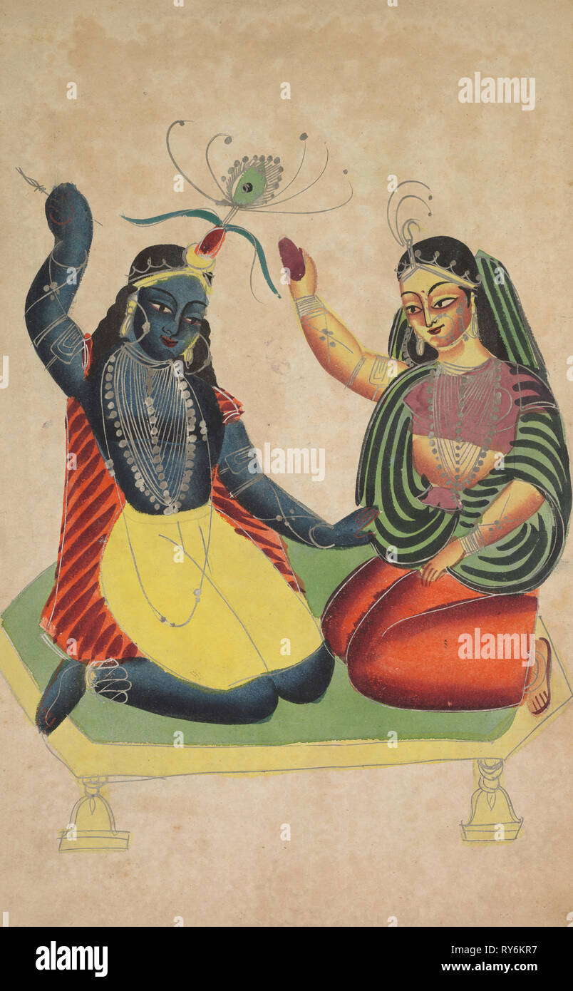 Radha and Krishna, 1800s. India, Calcutta, Kalighat painting, 19th century. Black ink, watercolor, and tin paint, with graphite underdrawing on paper; secondary support: 47.7 x 29.7 cm (18 3/4 x 11 11/16 in.); painting only: 45.6 x 27.7 cm (17 15/16 x 10 7/8 in Stock Photo