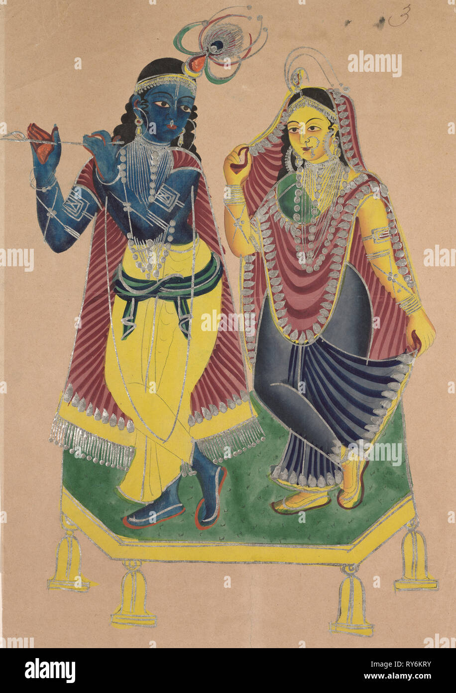 Radha and Krishna, 1800s. India, Calcutta, Kalighat painting, 19th century. Black ink, color and silver paint, and graphite underdrawing on paper; painting only: 40.4 x 27.9 cm (15 7/8 x 11 in Stock Photo