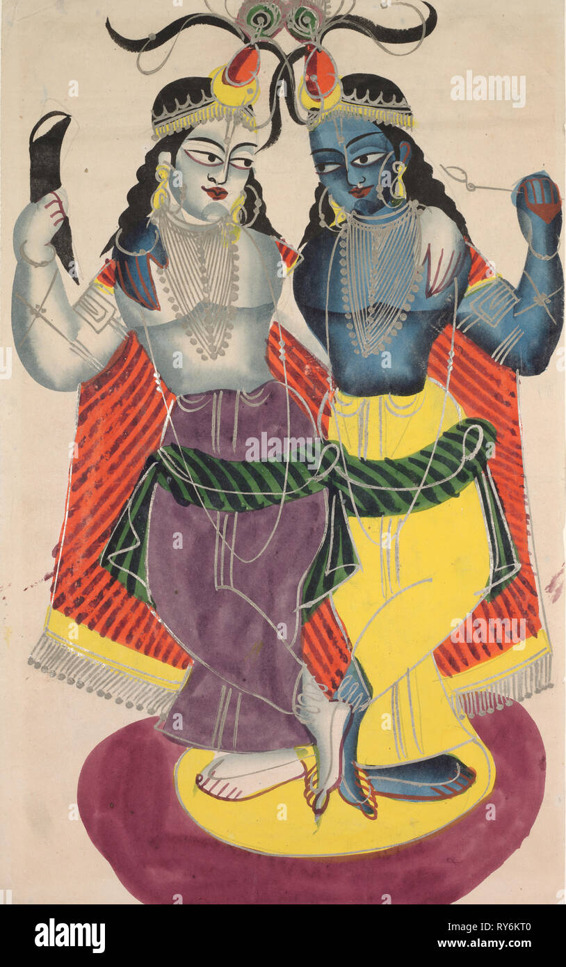 Balarama and Krishna, 1800s. India, Calcutta, Kalighat painting, 19th century. Black ink, watercolor with graphite underdrawing Stock Photo