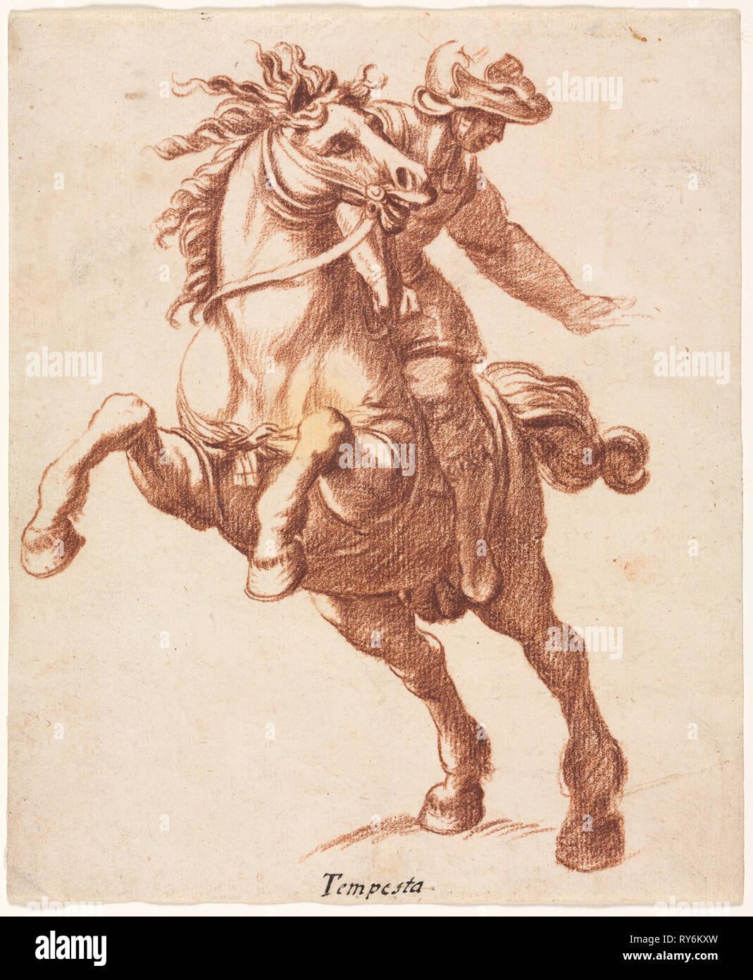 Rearing Horse and Rider, c. 1600?. Attributed to Antonio Tempesta (Italian, 1555-1630). Red chalk; sheet: 20.6 x 17.1 cm (8 1/8 x 6 3/4 in Stock Photo