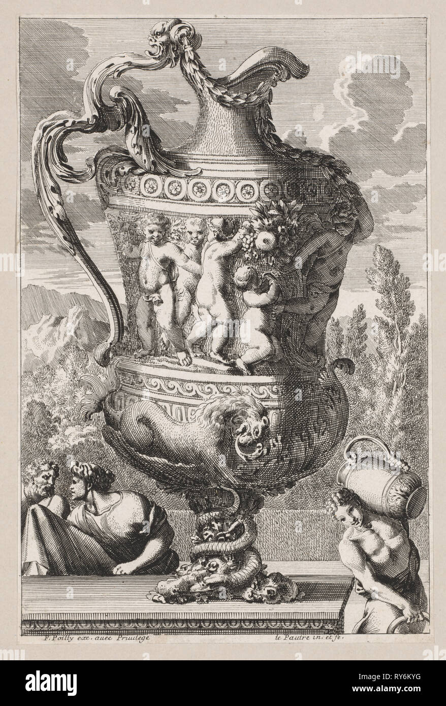 Decorative Urn, 1600s. Jean Le Pautre (French, 1618-1682). Etching; sheet: 23.1 x 15.3 cm (9 1/8 x 6 in.); secondary support: 30.3 x 21.7 cm (11 15/16 x 8 9/16 in Stock Photo