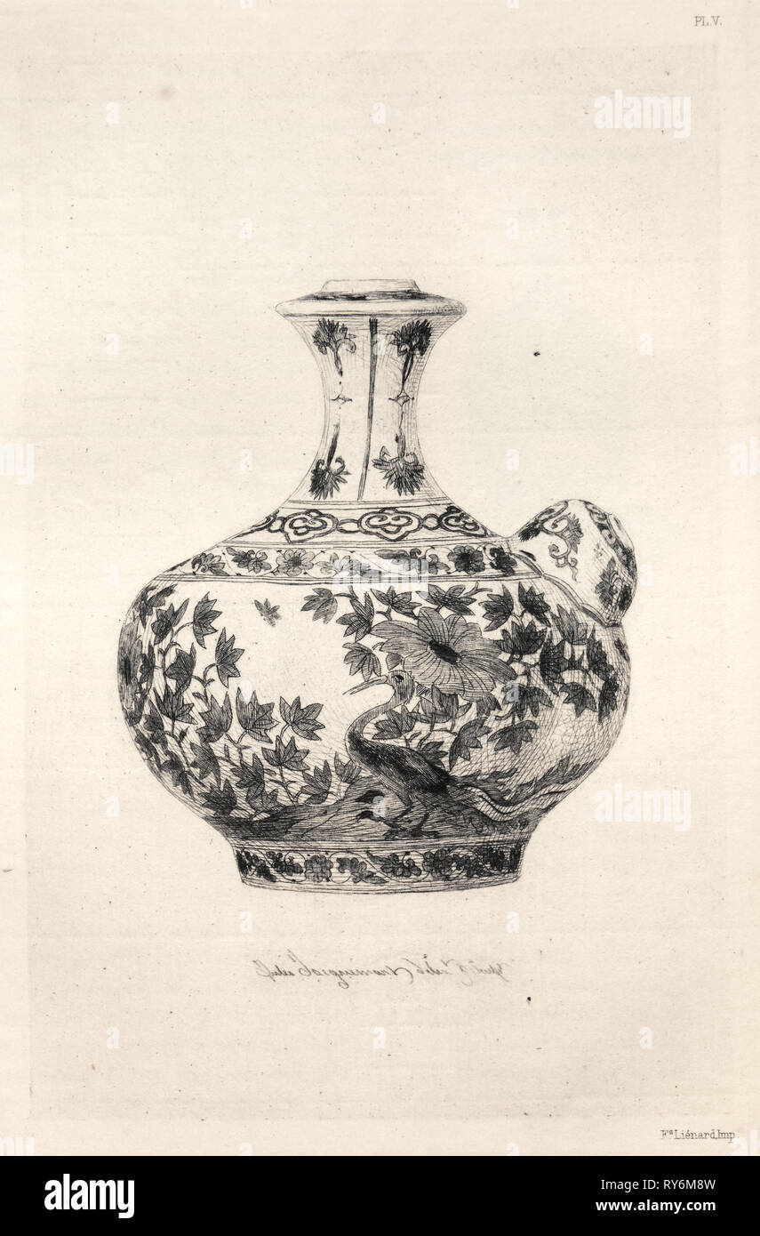 Book by Albert Jacquemart: History of the Ceramic Art: A Descriptive and Philosophical Study of the Pottery of All Ages and All Nations: Persia: Soft Porcelain- Gargoulette, Decorated with the Simorg (Plate VI), 1877. Jules Jacquemart (French, 1837-1880). Etching; sheet: 25.5 x 18 cm (10 1/16 x 7 1/16 in.); platemark: 19 x 13 cm (7 1/2 x 5 1/8 in Stock Photo